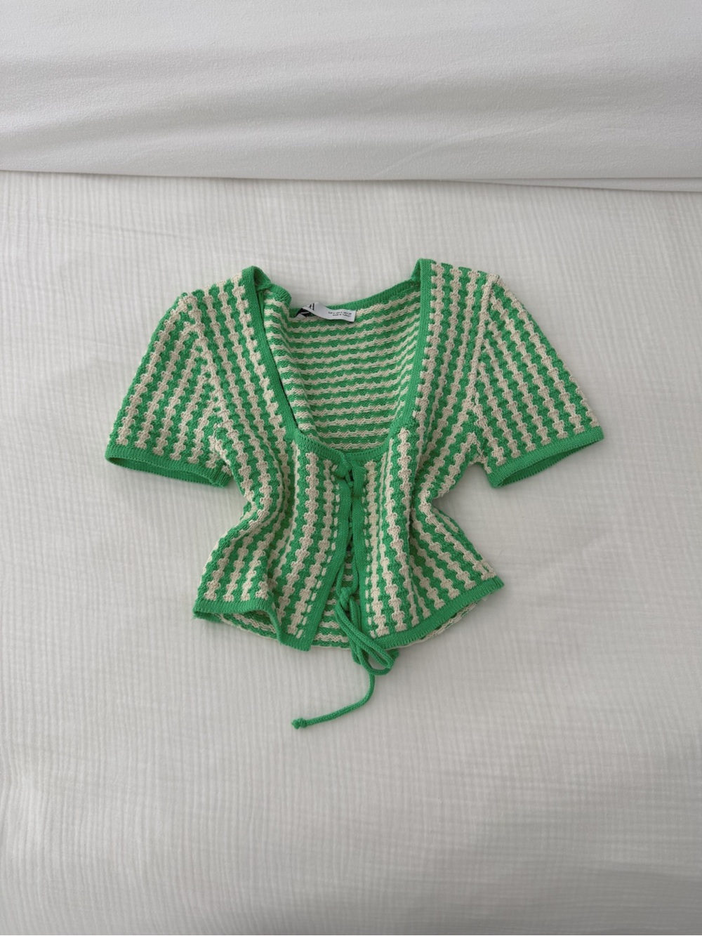 Green & Cream Crochet Tie-Front Zara Top